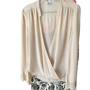 Jealous Tomato size medium ivory semi sheer faux wrap long sleeve lace detail